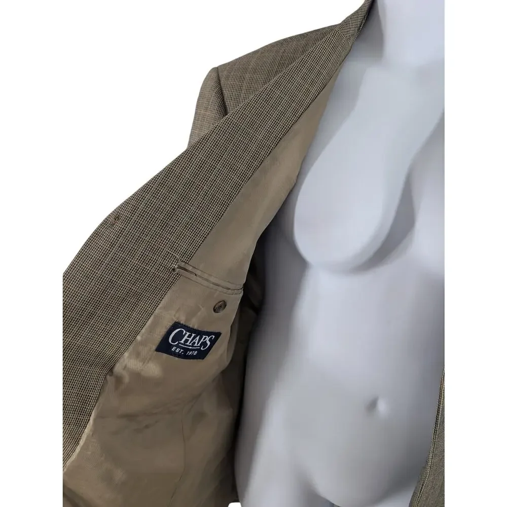CHAPS! BLACK, CREAM & TAN GOLD MICROPLAID 100% FINE WOOL JACKET, BLAZER! SZ 40R